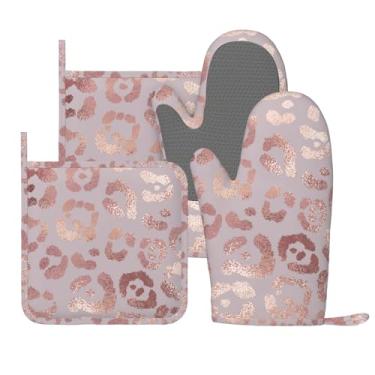 Imagem de Conjunto de 4 luvas de forno e suportes de panela de ouro rosa com estampa de leopardo, luvas de silicone resistentes ao calor e pegadores de panela, almofadas quentes para cozinha, cozinhar, assar,