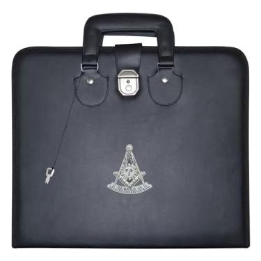 Imagem de Capa de avental Masonic Past Master couro sintético preto - bordado à mão (emblema prata), tamanho provincial MM | Bolsas de transporte maçônicas