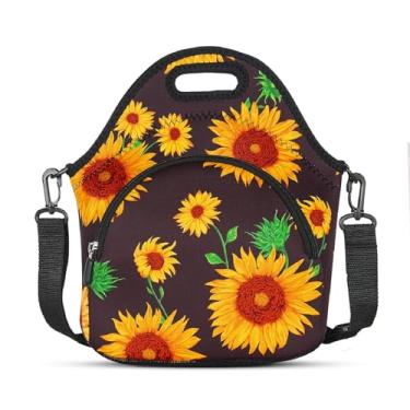 Imagem de Violet Mist Lancheiras de neoprene com alça de ombro para mulheres, lancheira térmica e reutilizável, bolsa bentô gourmet, bolso com zíper para trabalho, piquenique, viagem, compras, girassol