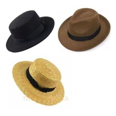 Imagem de Kit 3 Chapeu Chapeu De Palha Natural E Feltro Boater Fedora - Mrvendas