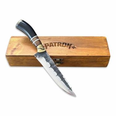 Imagem de Faca Churrasco 8P Inox 3mm Forj. Chifre Preto Guarda Cx Mad. - Patron