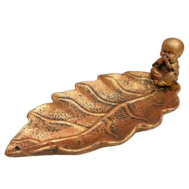 Imagem de Incensário Decorativo em Resina Forma de Folha com Buda Porta Incenso 