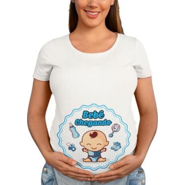 Imagem de Bata Baby Look Mãe Gestante Chá De Bebe Chegando Divertida Azul bebê -