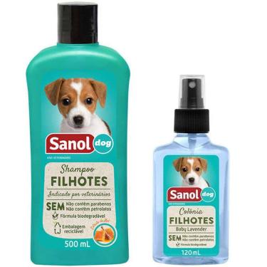 Imagem de Kit Banho Cães Filhotes: Shampoo e Perfume Colônia cheiro de bebê para Cachorro Filhote Sanol