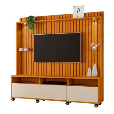 Imagem de Estante Home Ripado Absoluto Para Tv Até 65 Polegadas -2 Portas e Nicho com Leds -Rodizio -Carmolar