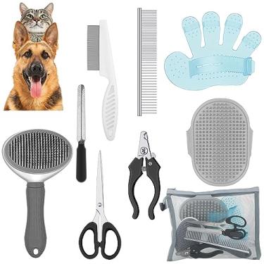 Imagem de Yaomiao 9 peças de escova de cuidados para cães, kit de derramamento autolimpante, escova para cães e pente de pulgas, cortador de unhas e lixa, escova de cuidados com alça ajustável e tesoura para gatos (cor clássica)