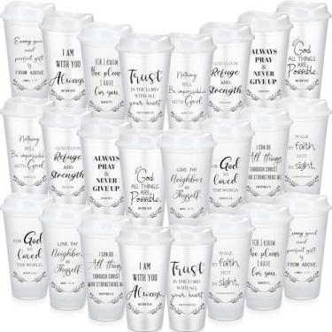 Imagem de Skylety 24 peças de copos cristãos em massa versículo bíblico copos de café de plástico com tampas e canudo 473 ml canecas de igreja para mulheres homens escrituras presentes religiosos ideais para