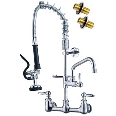 Imagem de AGAHPAY Torneira de pia comercial com pulverizador, torneira comercial com bico giratório de 20,32 cm, torneira de cozinha com suporte central para parede de cozinha, 3 compartimentos, torneira de pia de 61 cm de altura, cromada, latão sólido