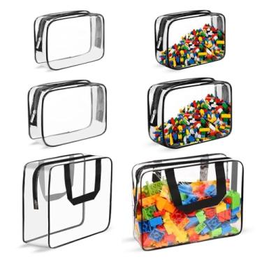 Imagem de Huakaile Conjunto de 6 bolsas de viagem transparentes, 3 tamanhos, bolsa de higiene de plástico impermeável com alças de tecido, armazenamento de jogos de tabuleiro de PVC para blocos de