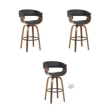 Imagem de Kit 3 Bancos Betim Preto Poliuretano Base Madeira - Rivatti