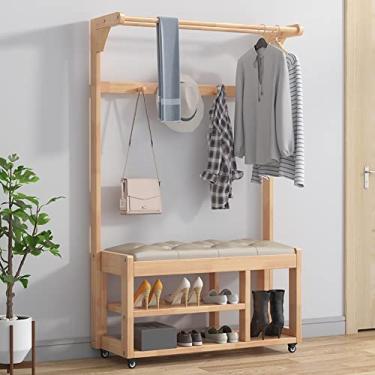Imagem de Cabideiro banco de sapatos para entrada com organizador de armazenamento, design 3 em 1, móveis de madeira de árvore com 3 ganchos e 2 prateleiras superiores