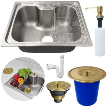 Imagem de Dona D cor, Cuba Gourmet Inox 50x40 Com Lixeira De Embutir 5 Litros Dourada Porta Detergente 500ml Valvula E Sifão Flexivel Universa