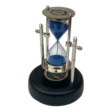 Imagem de Temporizador de areia azul de 1 minuto, areia de praia com base de madeira, bússola decorativa, estilo moderno, temporizador de areia de latão, ampulheta exclusiva de metal, para escritório, mesa,