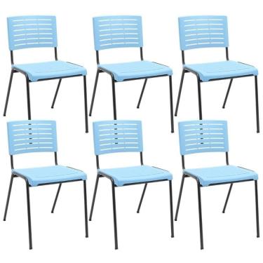 Imagem de Kit 06 Cadeiras Empilhável Fixa Escritório Multiuso Base Preta Kimi P03 Azul Celeste - Lyam Decor