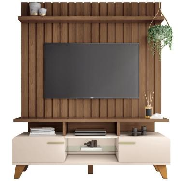 Imagem de Rack Para Sala émile Com Painel Para Tv Ripado 60 Pol Conect B01 Off White Castanho - Lyam Decor