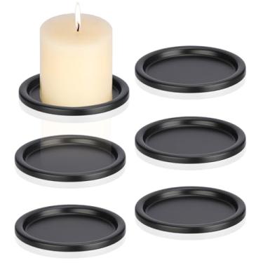 Imagem de OwnMy 6 peças de castiçais de ferro para velas de pilar, placas e bandejas de vela de pilar de metal de 7,6 cm, pequenos suportes redondos para velas elegantes para mesas de jantar de casamento, preto
