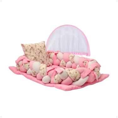Imagem de Mosquiteiro Tule Elástico Com Ninho Redutor Berço Portátil (Rosa - Raminho)