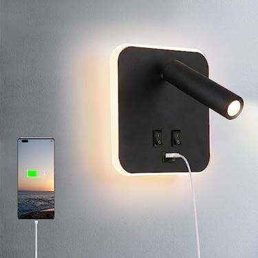 Imagem de AIRTWESD Luminária De Parede Com Porta De Carregamento Usb, Preta, Led, Para Cama, Com Holofote Ajustável De Parede Interna, Lâmpada De Leitura, Luminária De Parede, Quarto, Abajur De Cabeceira Int
