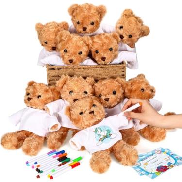 Imagem de Blueweenly Kit de presente Make Your Own Stuffed Bear com 40 peças, 10 peças, urso de veludo rosa, 10 camisetas brancas, conjunto com 10 canetas aquarela, 10 cores, 10 cartões de papel, faça você