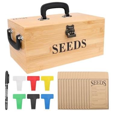 Imagem de Luxiv Caixa organizadora de sementes de bambu, organizador de sementes de madeira, recipiente grande para sementes com tampa, caixa de sementes de jardim de madeira com fechadura, 3 alças, sacos de