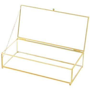 Imagem de LOSYHU Caixas de lembrança de vidro vintage, caixa de joias retangular de vidro dourado com tampa articulada, caixa de bugigangas dourada transparente para exibição de joias decorativas, anéis de