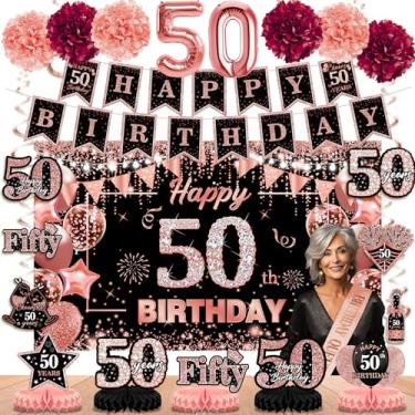 Imagem de Larbful 42 Peças Decorações De 50º Aniversário Para Mulheres, Balões Fundo Em Preto, Rosa, Dourado, Faixa Feliz Aniversário, Favo Mel, Peça Central, Pendurado, Redemoinho, Papel Seda, Pompons, Supri