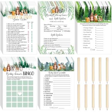 Imagem de Jogo de chá de bebê Woodland com 125 cartas, animais da floresta, chá de bebê, 5 jogos, atividades de chá de bebê, artigos de festa de bebê, artigos com lápis para meninos e meninas, inclui jogo de bingo, desejos