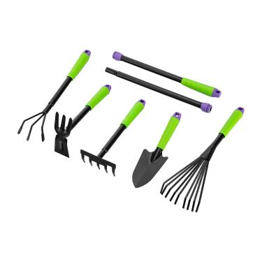 Imagem de PALISAD Kit Jardinagem 7 Peças - Ancino, Rastelo, Sacho, Pazinha, Vassoura - Cabo Plástico Ajustável - Ideal para Cultivo e Limpeza de Jardim
