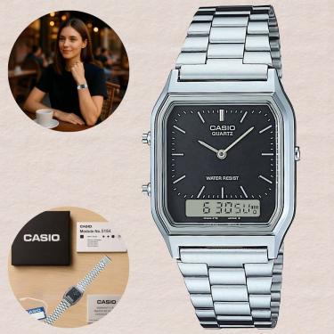 Imagem de Relógio Casio Anadigi Vintage Prata AQ-230A Hora Dual Digital Analógico Alarme Cronômetro Resistência à Água Pulseira Inox