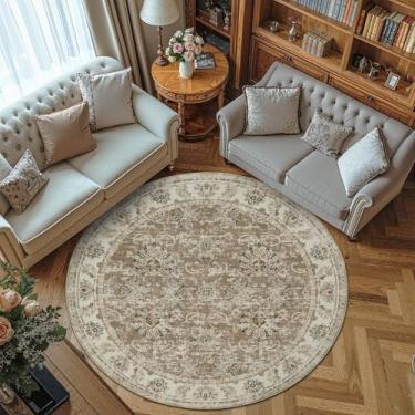 Imagem de jinchan Tapete redondo de 2,4 m - Tapete vintage acinzentado para cozinha, estampa floral ultramacia ultrafina - Círculo lavável 2,5 m com detalhe retrô para fazenda, sala de jantar, sala de estar