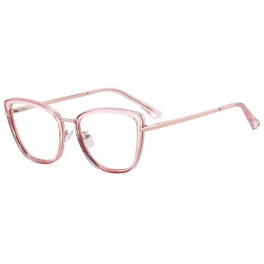 Imagem de Armação de óculos olho de gato com lentes transparentes, meia metal, Tr90, moderno, antiluz azul, dobradiça de mola, Moldura dourada rosa