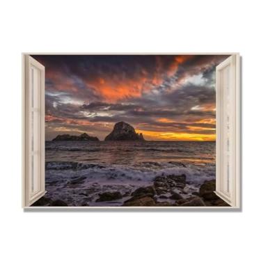 Imagem de Janela de arte de parede com impressão em tela. Visualização de janela falsa. Impressão de imagem natural em tela. Arte de parede para sala de estar (pôr do sol no mar 5) 40 x 56 cm-15,7 x 20,1 pol