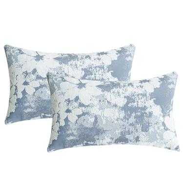 Imagem de Conjunto de 2 capas de almofada jacquard 30,5 x 50,8 cm - fronhas boho florais vintage com padrão botânico | Decoração de casa de fazenda para sofá sala de estar | Trio neutro texturizado macio azul