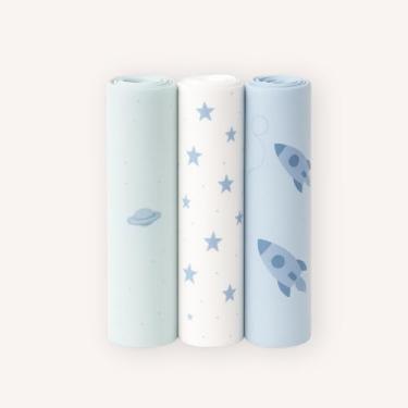 Imagem de Kit 3 Cueiros Flanelados Dupla Face 100% Algodão – Estampados, Macios, Confortáveis p/Bebê, 80x50cm (Azul/Branco)