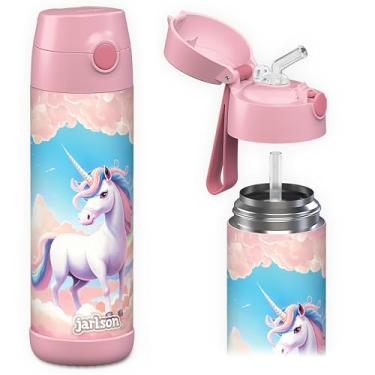 Imagem de JARLSON Garrafa de água infantil com canudo - CHARLI - garrafa de água isolada de aço inoxidável - garrafa térmica - meninas/meninos (unicórnio rosa, 510 g)