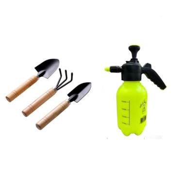 Imagem de Kit de Jardinagem com 3 Ferramentas Manuais e Pulverizador, Cabo de Madeira, Borrifador 2L Verde