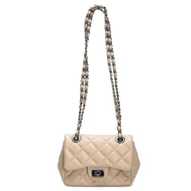 Imagem de Bolsa Cosenza Feminina Mini Bag, Couro Legítimo Matelassê, Alça Corrente (Nude C/Grafite)