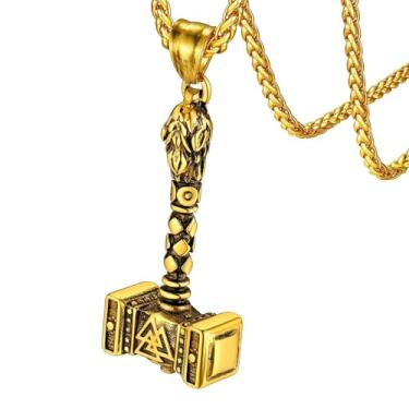 Imagem de FaithHeart Colar de martelo do Thor Viking, aço inoxidável/prata esterlina Vegvisir Mjolnir Amuleto com corrente de trigo resistente Dourado