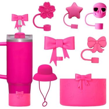 Imagem de Mocbovni Conjunto de 7 tampas de canudo com laço de silicone e conjunto de botas de garrafa de água, capas para canudos de 10 mm, capa protetora compatível com Stanley de 590 a 1,18 l e garrafas de