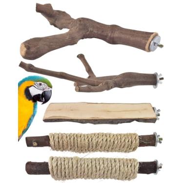Imagem de Bissap Suporte grande para poleiro de pássaros, 5 peças, poste de madeira natural, pata de moagem, garfo, gaiola de papagaio com corda para arara, cinza africano, amazon, animal de estimação