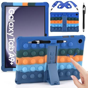 Imagem de DETUOSI Capa compatível com Samsung Galaxy Tab A9 Plus 27.9 cm 2023 (SM-X210/X216/X218), ângulos de visualização múltipla, capa de silicone macio antiestresse com alça de ombro e caneta Stylus, azul