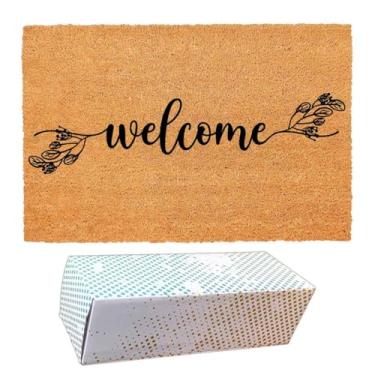 Imagem de Capacho engraçado de coco com tema botânico de design floral bem-vindo - tapete para porta da frente, tapete de boas-vindas de entrada, 60 x 40 cm