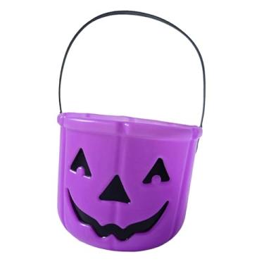 Imagem de predolo Balde de doces para Halloween, doces ou travessuras, suporte para balde de infantil com alça, Jack O'Lantern, presente de Halloween para feriado, Roxo