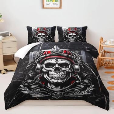 Imagem de AILONEN Conjunto de edredom casal, crânio gótico, para crianças, meninos, adolescentes, tema de terror, esqueleto, microfibra macia, conjunto de edredom para decoração de quarto, 1 Qulit e 2 fronhas