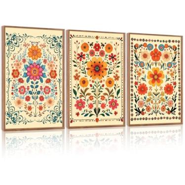 Imagem de HOURIA 3 peças de arte de parede em tela floral folclórica indiana (40,6 cm x 61 cm), decoração de parede de planta botânica laranja abstrata emoldurada, vintage, meados do século, moderno, boêmio
