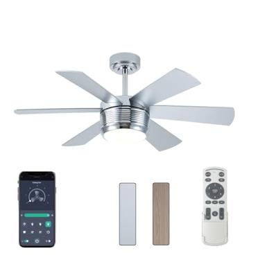 Imagem de SHOWDI Ventilador de teto com luzes e controle remoto, temporizador de controle de aplicativo de 6 lâminas, reversível, brilho contínuo e temperatura de cor, ventilador de teto de madeira ao ar livre