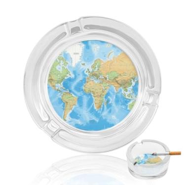 Imagem de Cinzeiro de vidro cristal de mapa do mundo, cinzeiro redondo de vidro resistente para fumar cinzeiro moderno decorativo portátil para uso em casa, escritório, interior, exterior, pátio