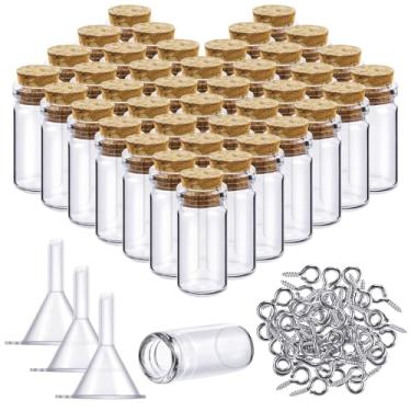 Imagem de Yungyan Conjunto de 50 mini frascos de vidro pequenos com rolhas de cortiça, pequenas garrafas de vidro de cortiça com parafusos de olhal e pequeno funil para decoração, artesanato, projetos de