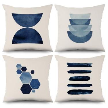 Imagem de Vie Savaran 4 peças/conjunto de capas de almofada brancas e azuis abstratas geométricas invisíveis com zíper quadrado simples arte moderna capas de almofada para cadeiras sofá varanda quarto casa