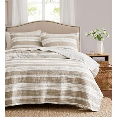Imagem de WDCOZY Conjunto de cama king 100% algodão, reversível bege e branco listrado com 2 fronhas, colcha leve de cambraia de fazenda, edredom fino para todas as estações